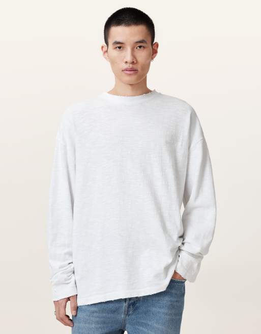 AllSaints – Foster – Langärmliges Shirt in Kreideweiß mit Rundhalsausschnitt