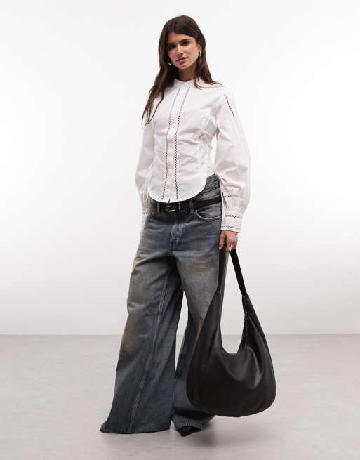 AllSaints Frances long sleeve mock neck lace blouse with side corset detail in white, 3 of 4