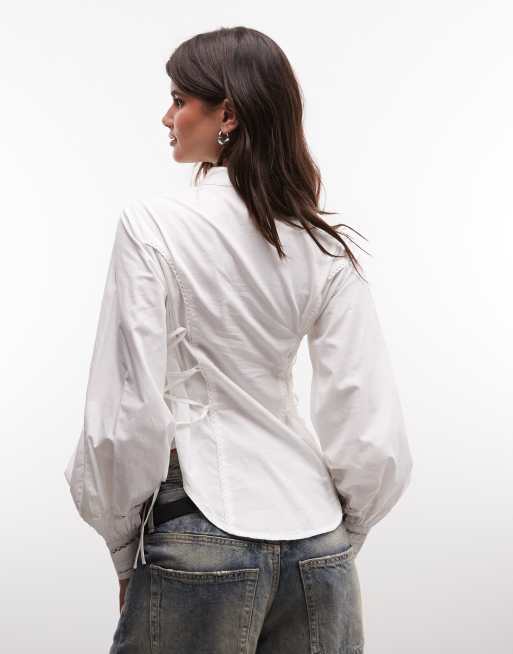 AllSaints Frances long sleeve mock neck lace blouse with side corset detail in white, 4 of 4