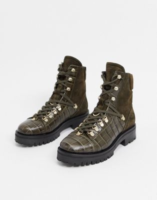 AllSaints franka leather and suede mix biker boots in khaki croc-Green