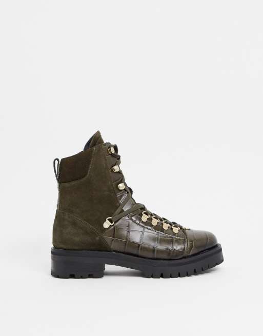 AllSaints franka leather and suede mix boots in khaki croc