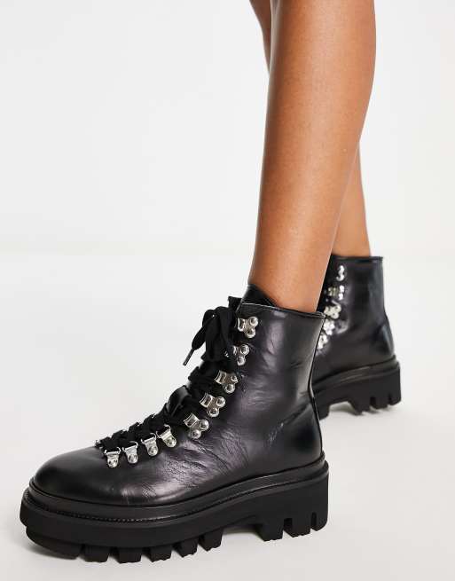 AllSaints Franka leather hiking boots with gold metal detail in