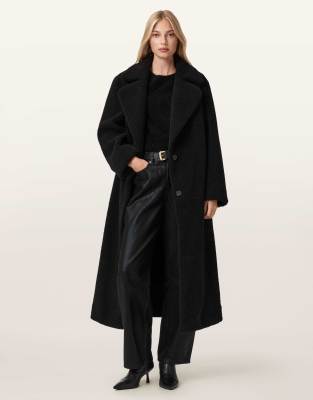 AllSaints - Freddie - Mantel aus Kunstpelz in Schwarz