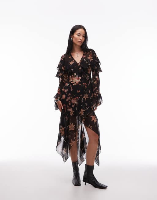 AllSaints – Fresca – Czarna sukienka z falbankami w kwiaty 
