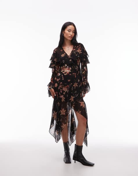 Allsaints Fresca floral ruffle dress in black - view 1