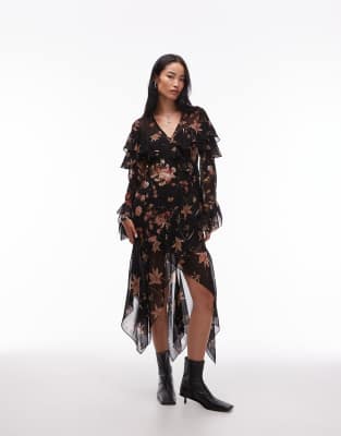 AllSaints - Fresca - Geblümtes Kleid in Schwarz mit Rüschen-Brown