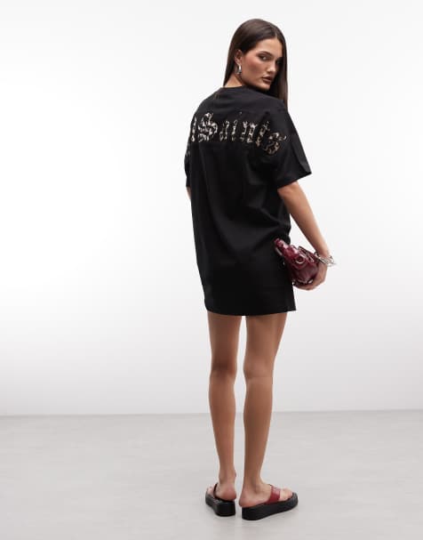 AllSaints fuse leopard print back graphic mini t-shirt dress in black
