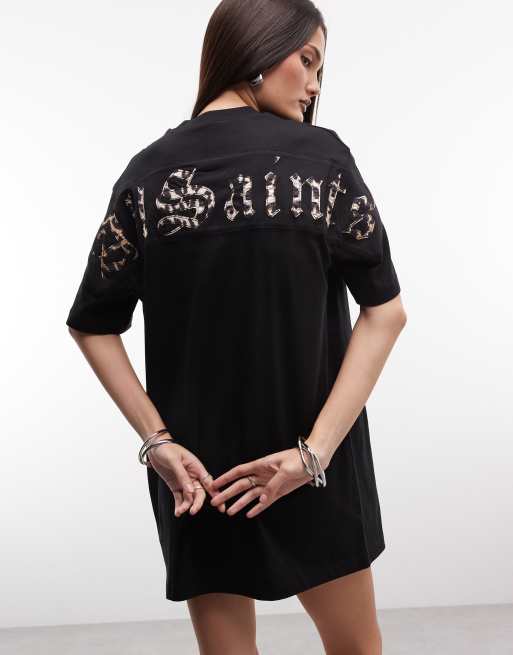 AllSaints Fuse leopard print back graphic mini t-shirt dress in black, 3 of 4