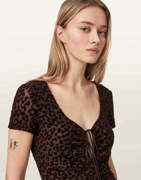 AllSaints Gabby mesh jurk in bruin met flock - view 1