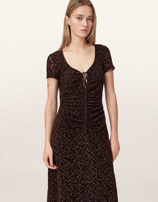 AllSaints Gabby mesh jurk in bruin met flock, 3 van 6