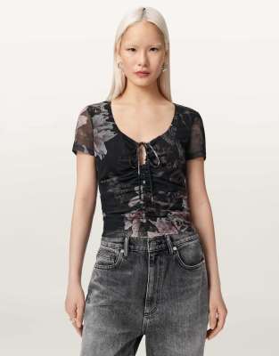 AllSaints - Gabby - Netzstoff-Oberteil in Kristallschwarz