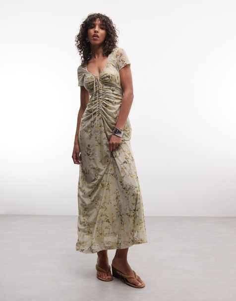 AllSaints - Gabby - Robe mi-longue froncée à manches courtes en tulle fleuri - Vert multicolore - view 1