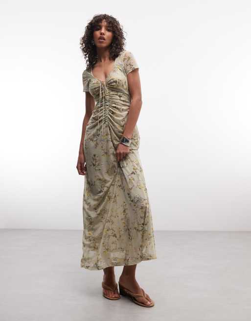 AllSaints - Gabby - Robe mi-longue froncée à manches courtes en tulle fleuri - Vert multicolore