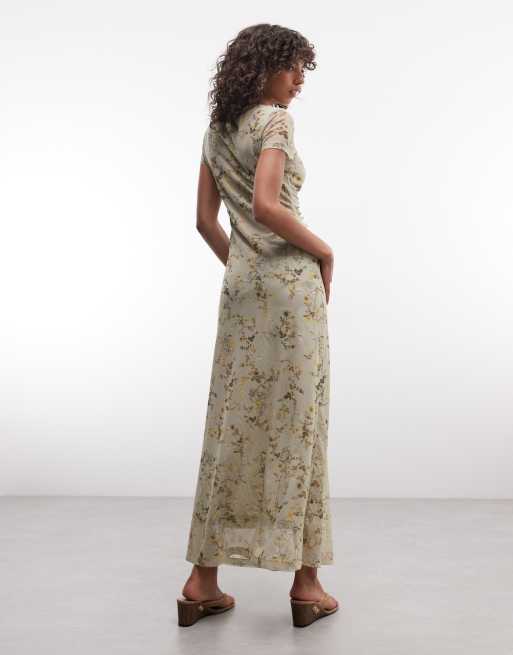 AllSaints - Gabby - Robe mi-longue froncée à manches courtes en tulle fleuri - Vert multicolore, 4 de 4