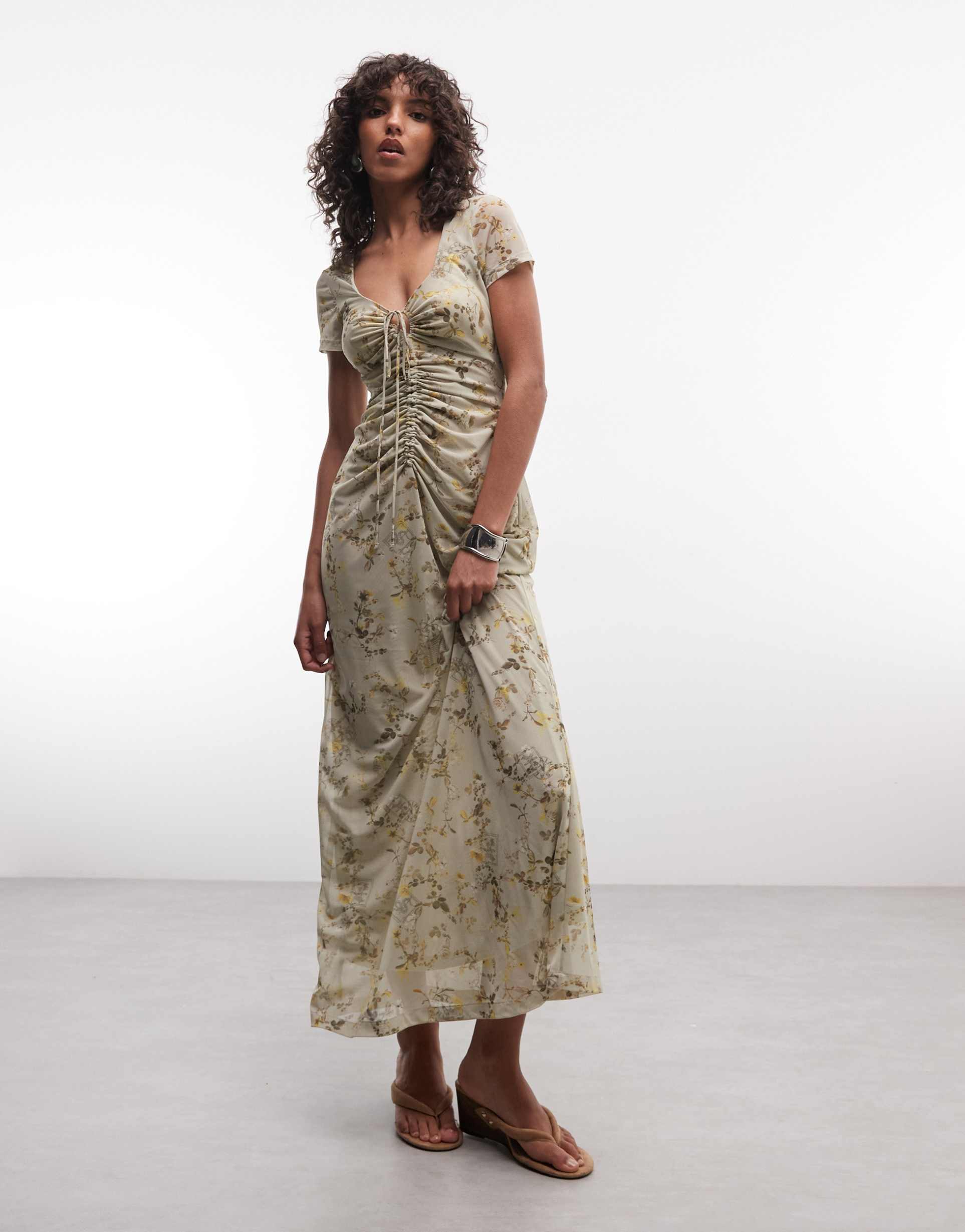 allsaints gabby short sleeve gathered floral mesh midi dress in green multi