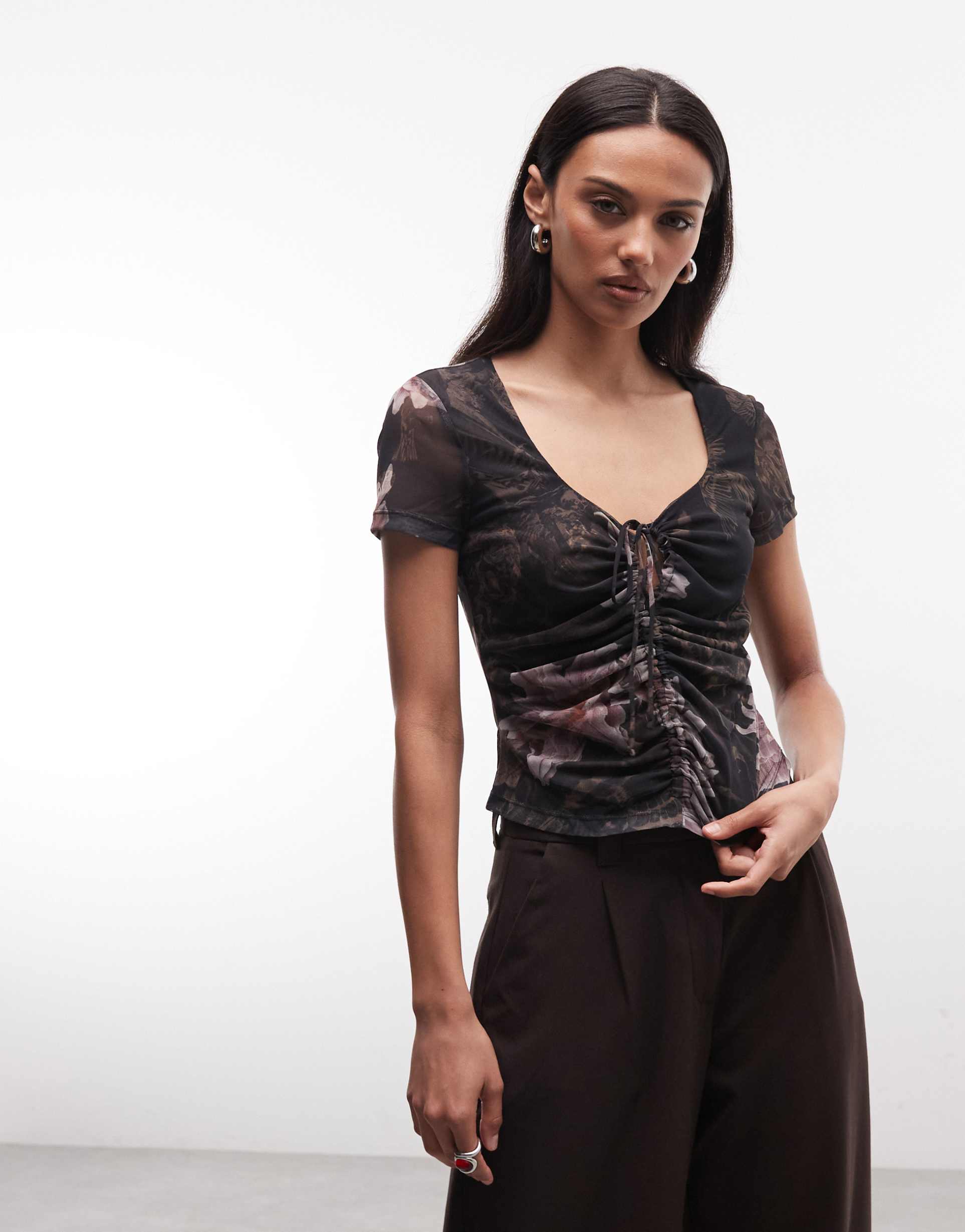 allsaints gabby short sleeve ruched tie up floral mesh top in black