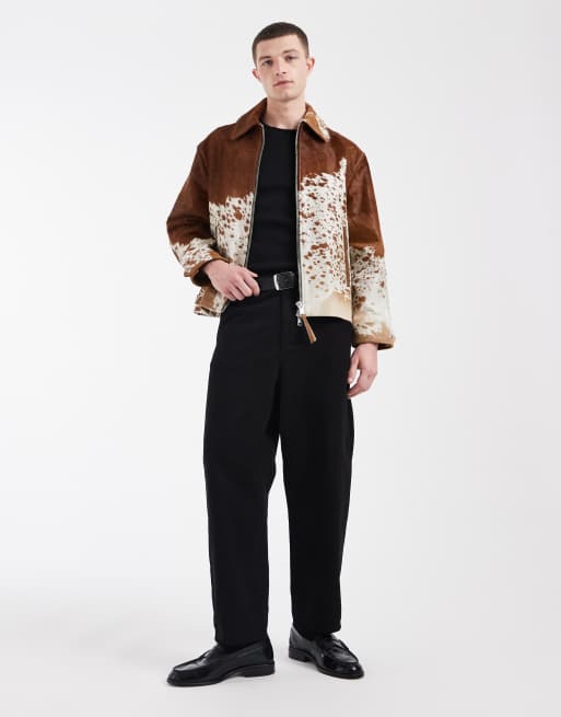 AllSaints Garrison zip through leather jacket in cow print, 3 of 5