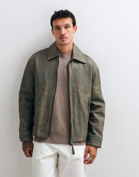 AllSaints Garrison zip through leather jacket in washed brown - view 1