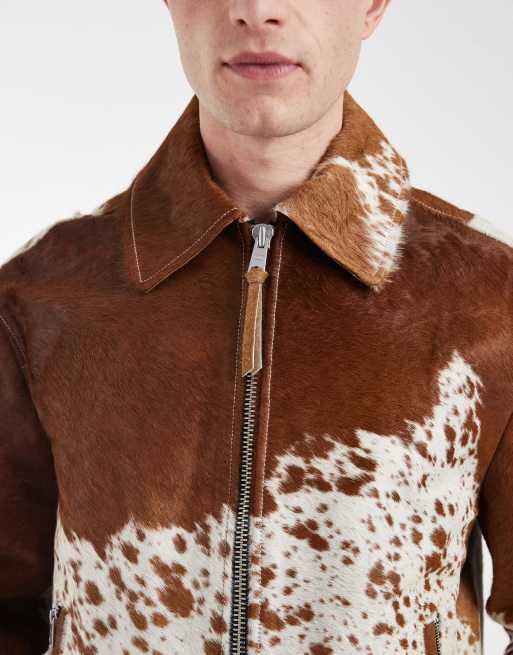 AllSaints Garrison zip up leather jacket in cow print | ASOS
