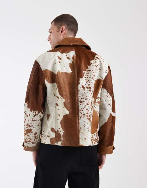 AllSaints Garrison zip up leather jacket in cow print, 4 of 5