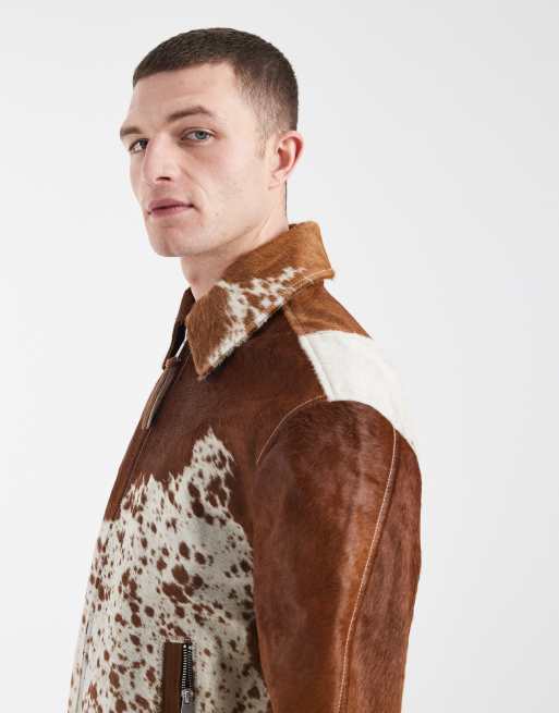 AllSaints Garrison zip up leather jacket in cow print | ASOS