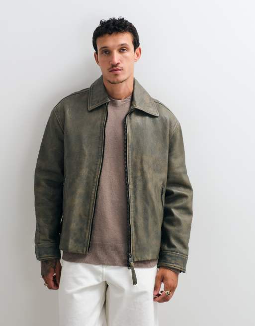 AllSaints Garrison zip up leather jacket in washed brown, 2 of 5