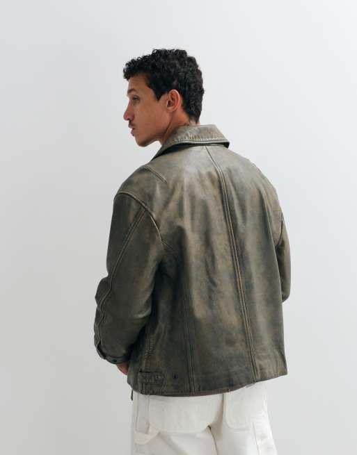 AllSaints Garrison zip up leather jacket in washed brown, 3 of 5