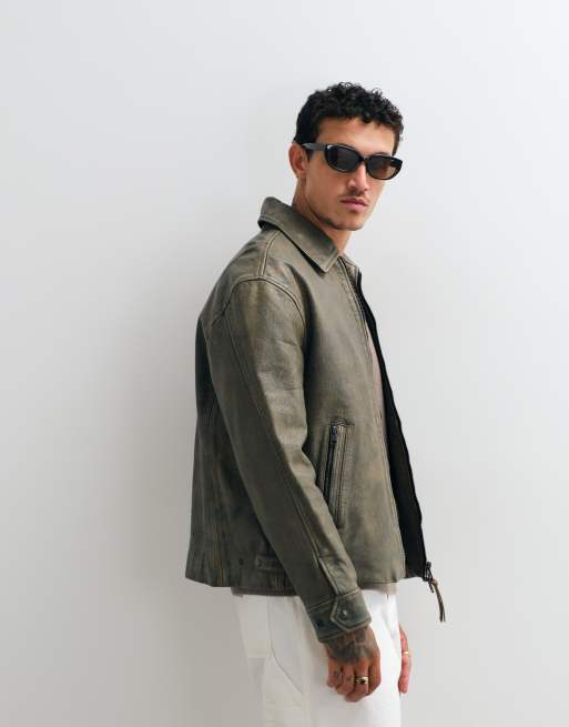 AllSaints Garrison zip up leather jacket in washed brown, 4 of 5