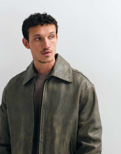 AllSaints Garrison zip up leather jacket in washed brown, 5 of 5