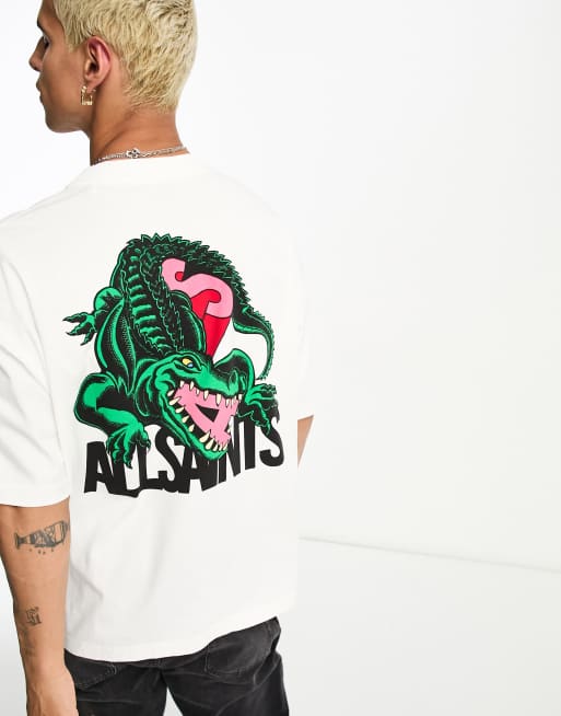 AllSaints – Gator – Biały T-shirt z nadrukiem na plecach