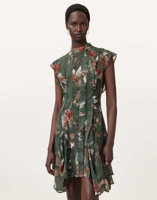 AllSaints – Geblümtes Kleid in Adena-Khakigrün