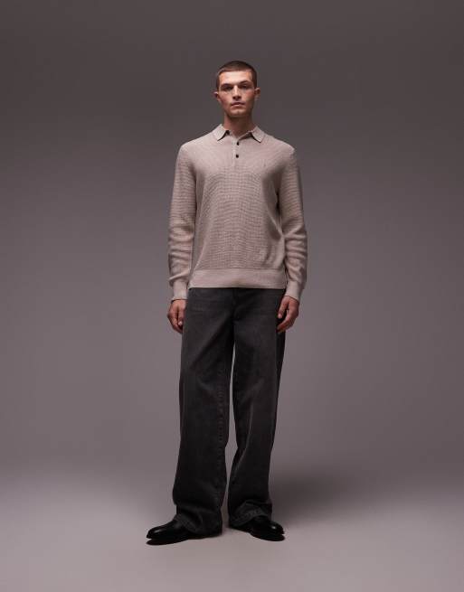 AllSaints - Gebreide polo met wafelstructuur in beige, 2 van 5