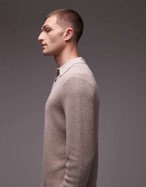 AllSaints - Gebreide polo met wafelstructuur in beige, 4 van 5