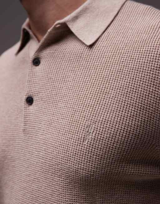 AllSaints - Gebreide polo met wafelstructuur in beige, 5 van 5