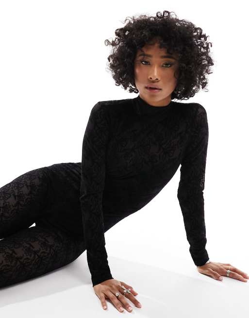 AllSaints - Geflockte hoogsluitende catsuit met lange mouwen in zwart, 2 van 4
