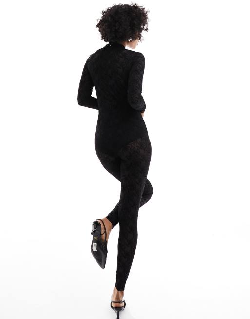 AllSaints - Geflockte hoogsluitende catsuit met lange mouwen in zwart, 4 van 4