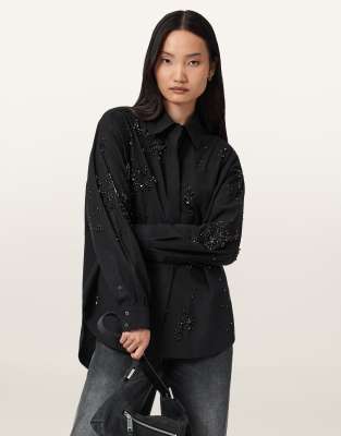 AllSaints - Gemi - Bestickte Hemdbluse in Schwarz