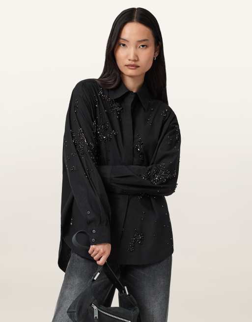 AllSaints – Gemi – Bestickte Hemdbluse in Schwarz