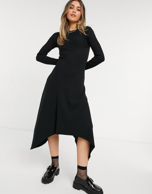 AllSaints - Gia - Langærmet kjole med asymmetrisk kant i sort