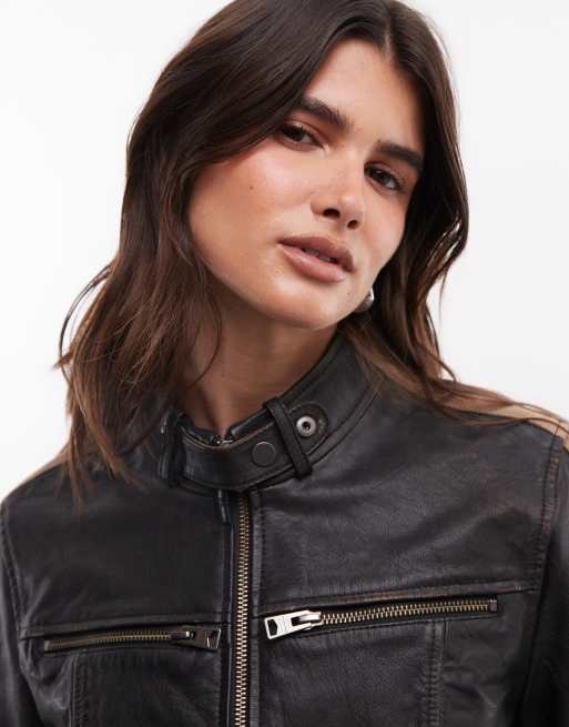 AllSaints giacca biker in pelle Tiggy con righe racer e dettagli con zip nera