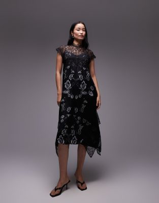 AllSaints Gian satin and lace maxi dress in black print