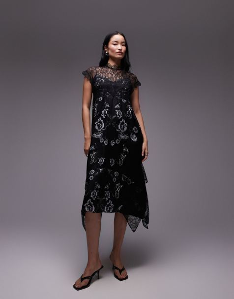 AllSaints Gian satin and lace maxi dress in black print - view 1