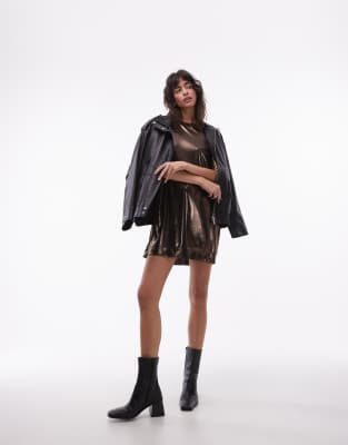 AllSaints - Glänzendes T-Shirt-Kleid in Metallic-Gold-Goldfarben