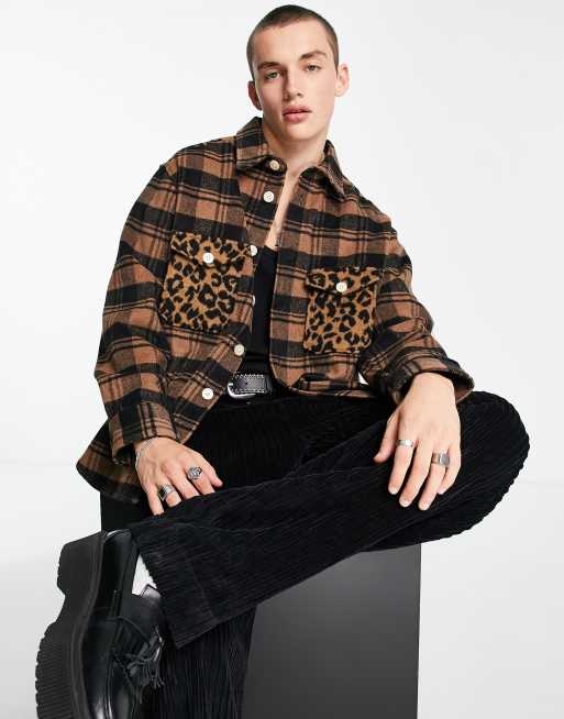AllSaints – Glasco – Hemdjacke mit Karomuster in Beige und Braun und Details im Leopardenmuster