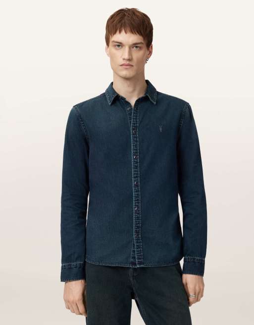 AllSaints – Gleason – Langärmliges Hemd in Phantomblau