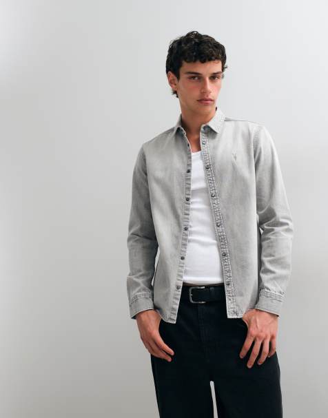 AllSaints Gleason long sleeve demin logo shirt in light grey - view 1
