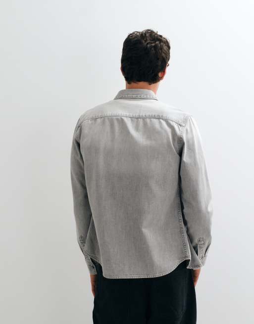 AllSaints Gleason long sleeve demin logo shirt in light grey, 2 of 5