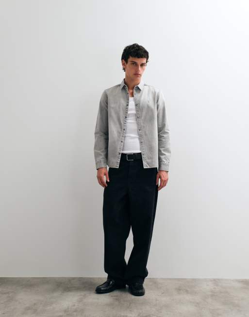 AllSaints Gleason long sleeve demin logo shirt in light grey, 3 of 5