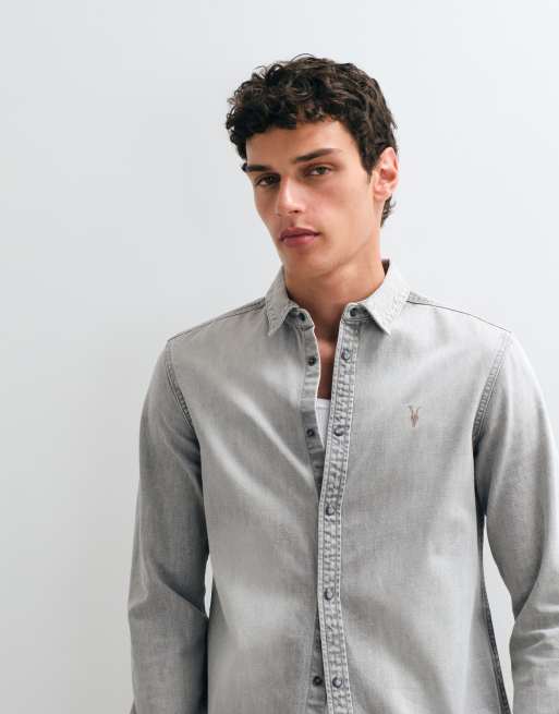 AllSaints Gleason long sleeve demin logo shirt in light grey, 4 of 5
