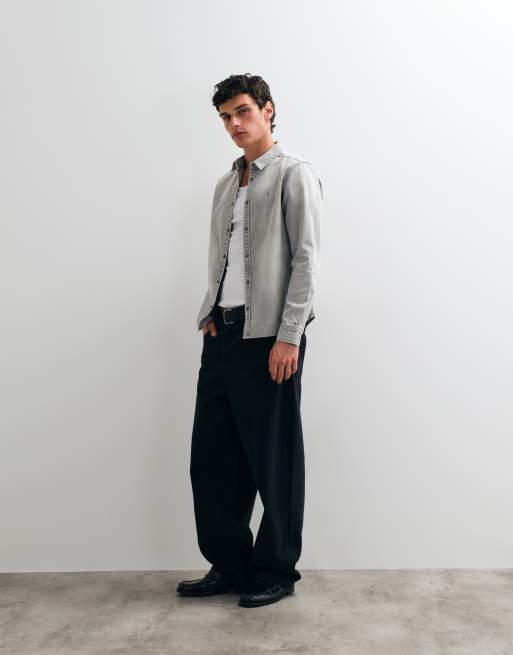 AllSaints Gleason long sleeve demin logo shirt in light grey, 5 of 5